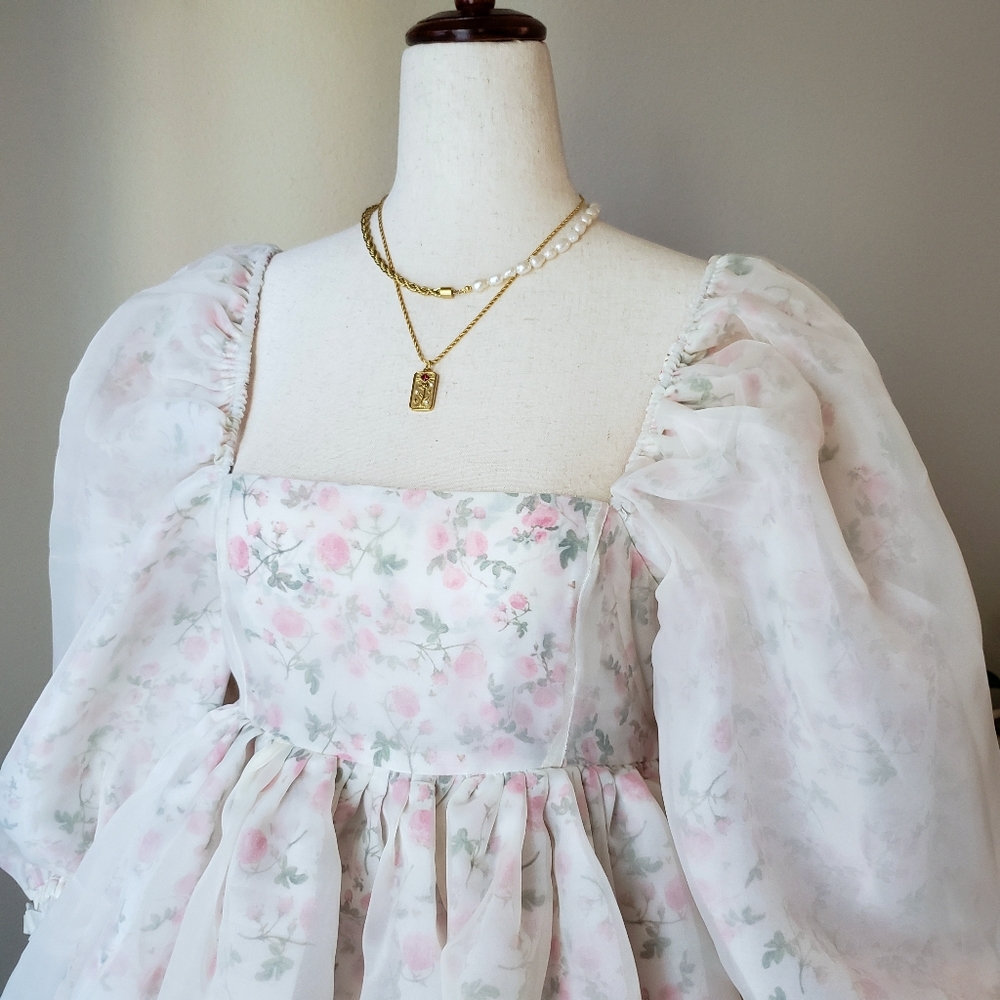 Reversible Floral Organza Babydoll Puff Dress - Picture 10 of 16